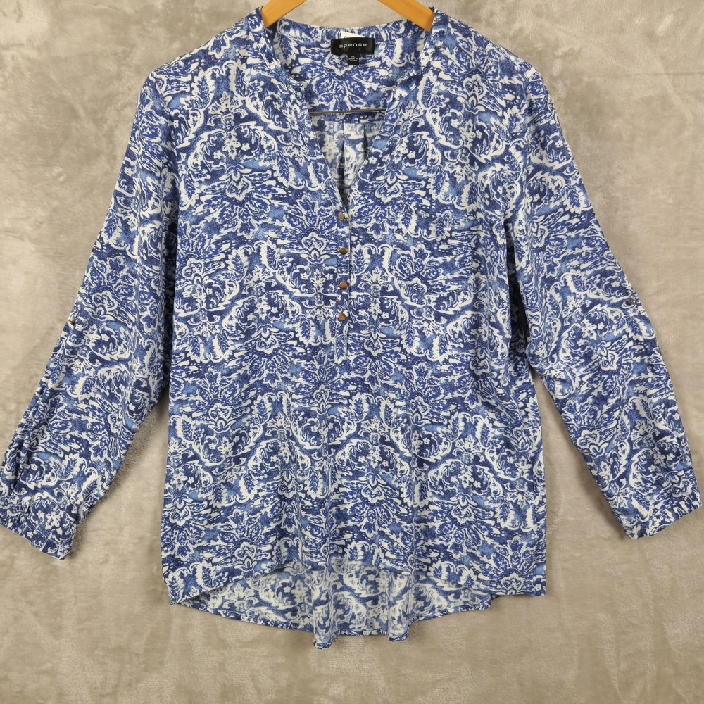 Spense Floral Boho Popover Blouse With‎ Roll Tab Sleeve Blue White XL Spring